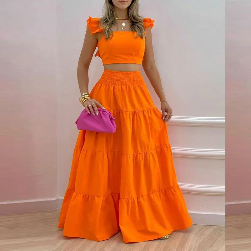 2024 Summer Sexy Solid Color Mid-waist Waist Dress Two-piece Dress Women's Dress Beach Clothes Elegant Ruffled Beach Dress