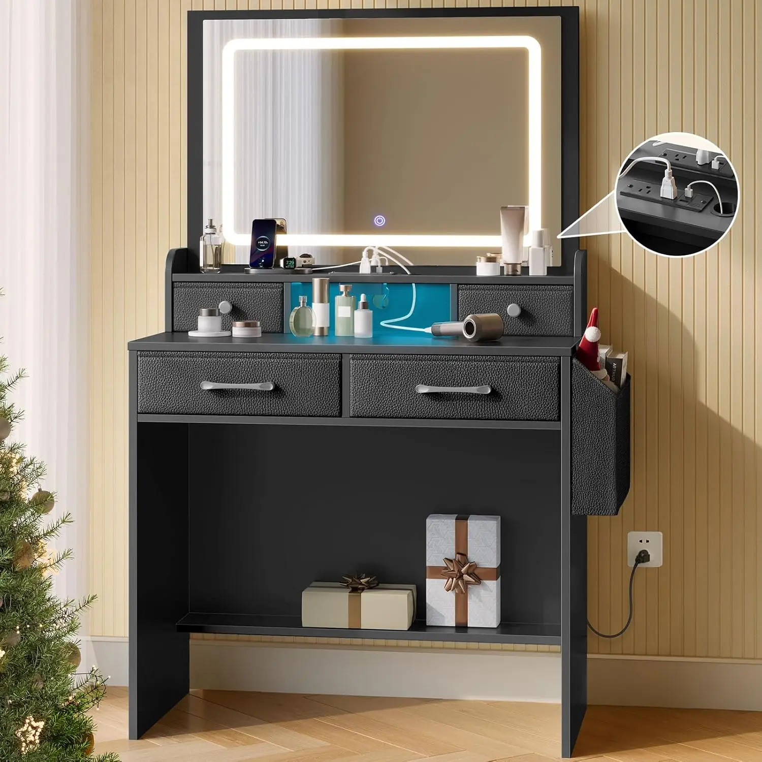 Rolanstar Vanity Desk With Led Lighted Mirror, Makeup Vanity With 4 Fabric Drawers, Power Outlet, Modern Vanity Desk For