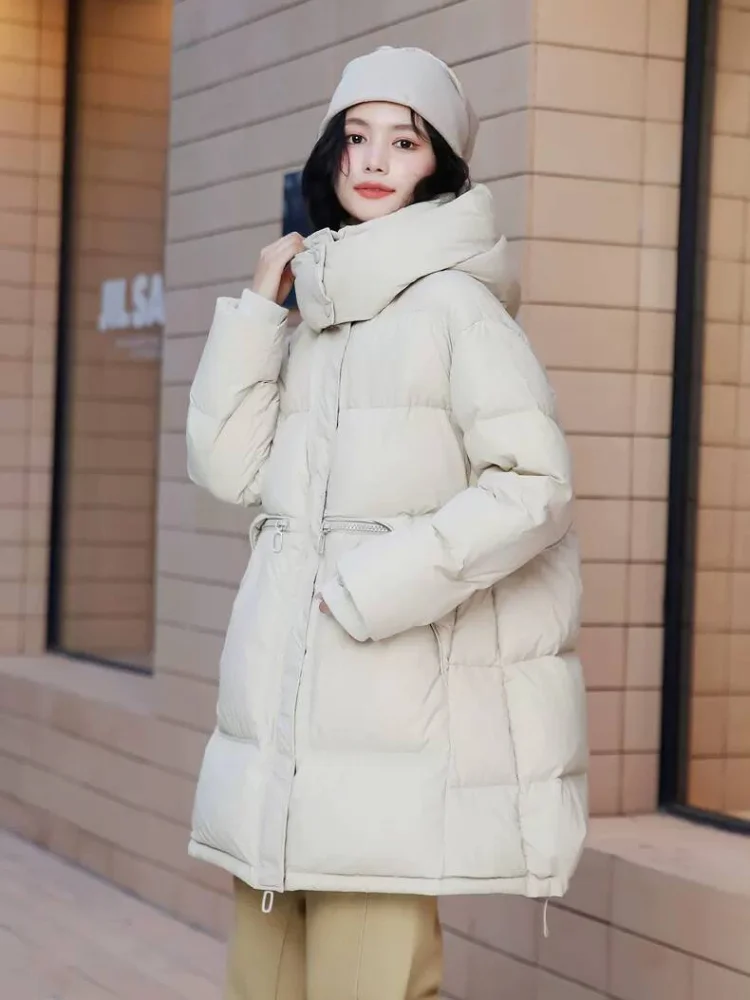 2024 New Women\'s Down Jacket Hooded Parkas Simple 90 White Duck Down Light Fluffy Warm Jacket Medium-length Bread Down Jacket