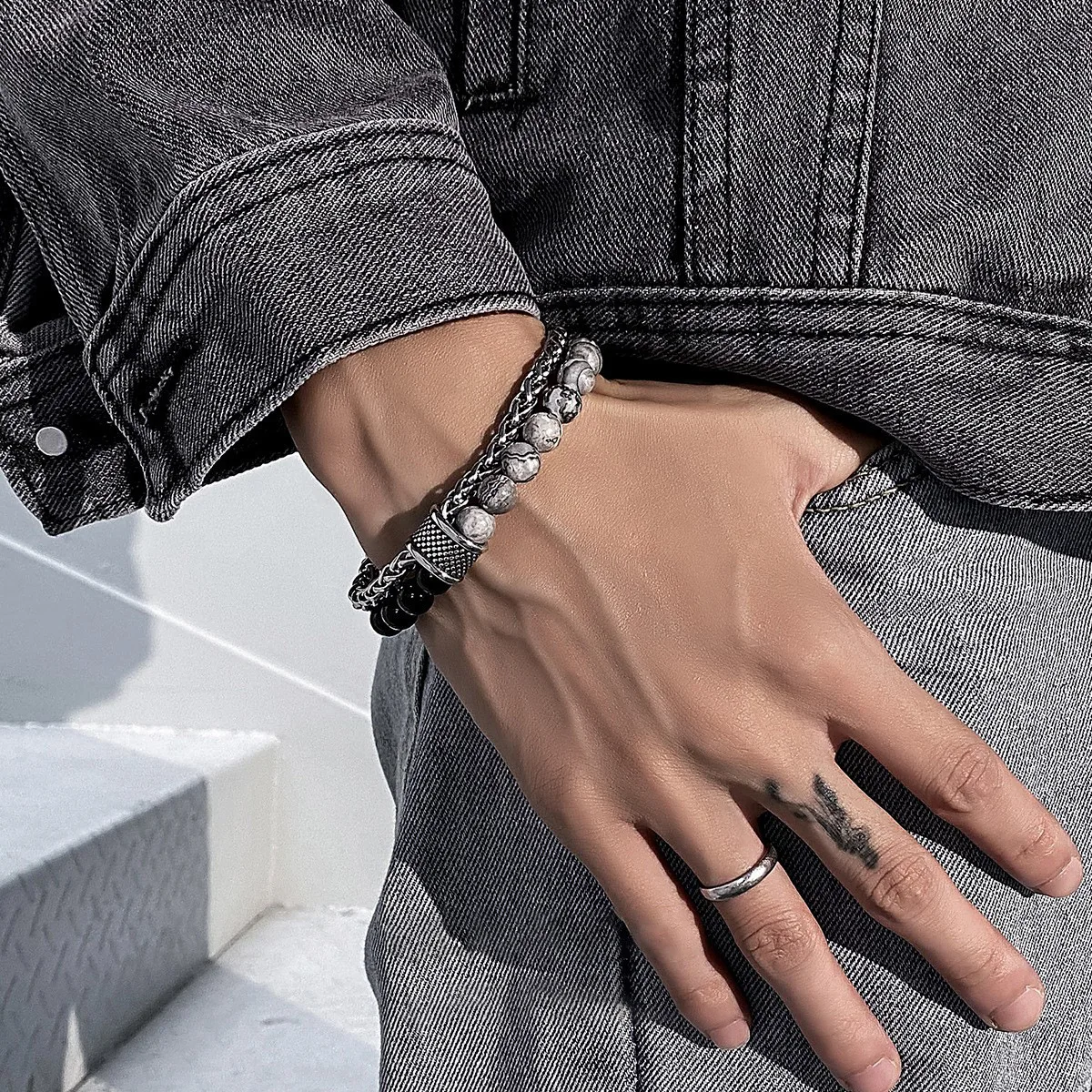 New frosted map stone men's double-layer beaded OT buckle transfer bead titanium steel all-match bracelet