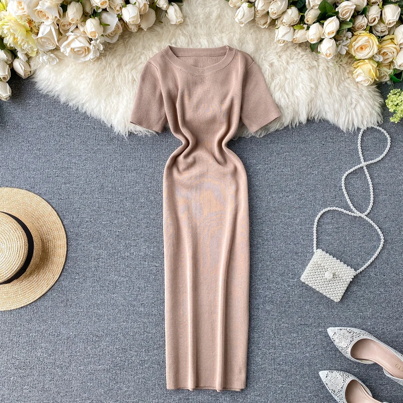 Sexy Chic Elastic O Neck Knit Bodycone Pencil Dress Solid Tight  Wrap Vestidos Korean Fashion Party Basic Slim Summer Women Robe