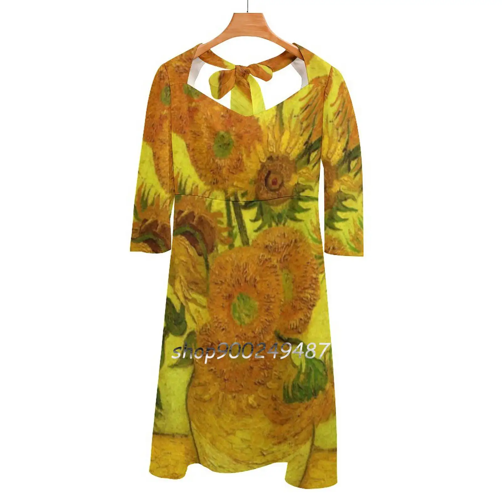 Van Gogh-Fourteen Sunflowers , 1889 , Famous Painting Square Neck Dress Sweet Summer Dress Women Elegant Halter Print Dress