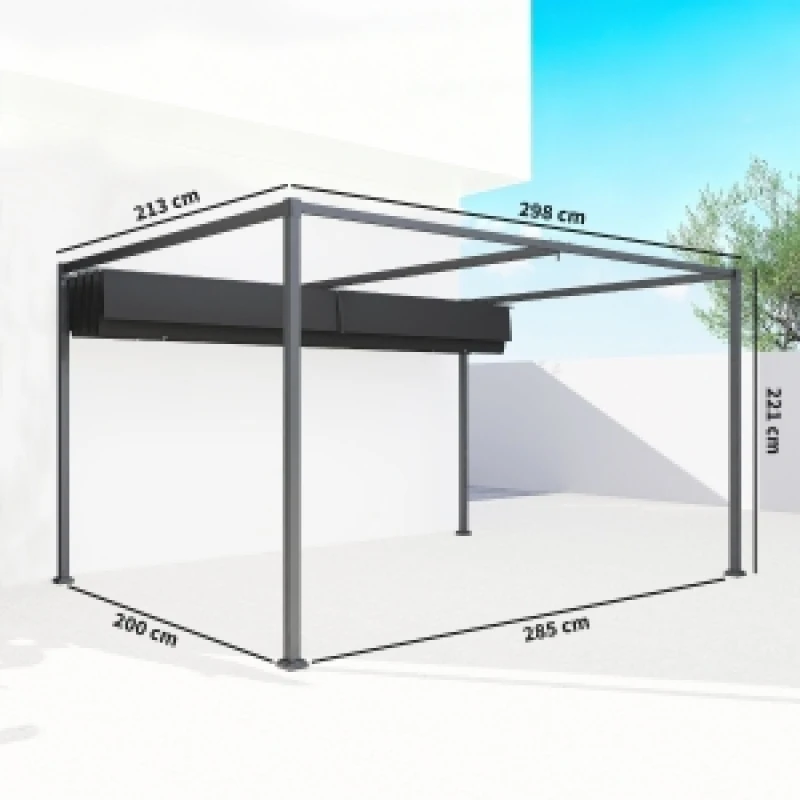 Pérgola, Gazebo, Cubierta para Terraza con Techo Corredizo 298x213x221cm, Poliéster Negro Gris para Jardín y Terraza