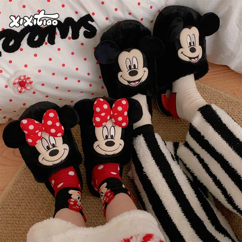 2024new Disney Cute Cartoon Image Mickey Minnie Ins Style Plush Slippers Winter Lovers Household Dormitory Warm Cotton Shoes