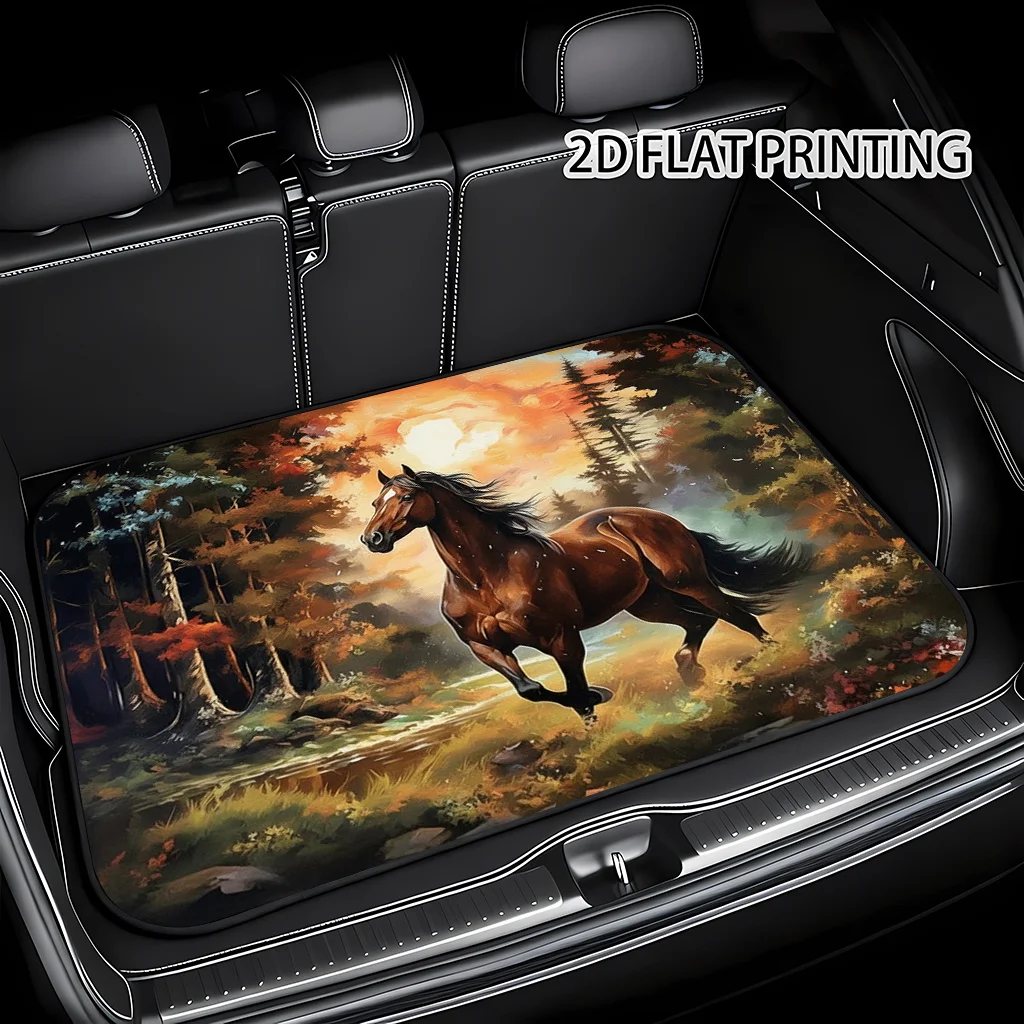 2D Flat 1pc Car Trunk Mat With A Running Horse In The Forest Design, Suitable For Your Car Trunk, Simple And Stylish, Trunk Carg