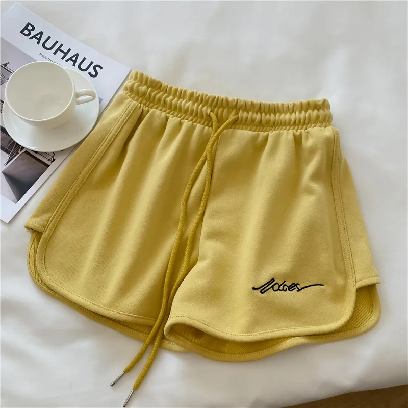 New Women Summer Short Pants Embroidery Letters Drawstrings Elastic Waistband High Waist Shorts Ladies Short Tight Trousers