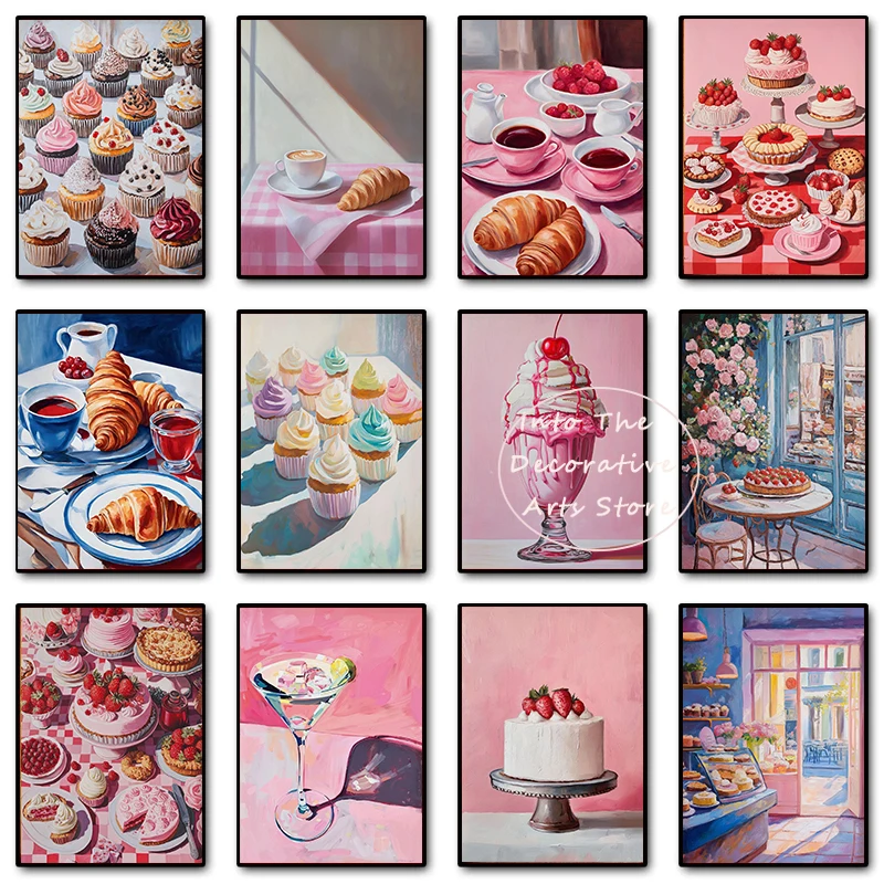 Pink Macarons Ice Cream Cake Sweet Food Posters and Prints Canvas Painting Wall Art Picture for Kitchen Dessert Shop Room Decor