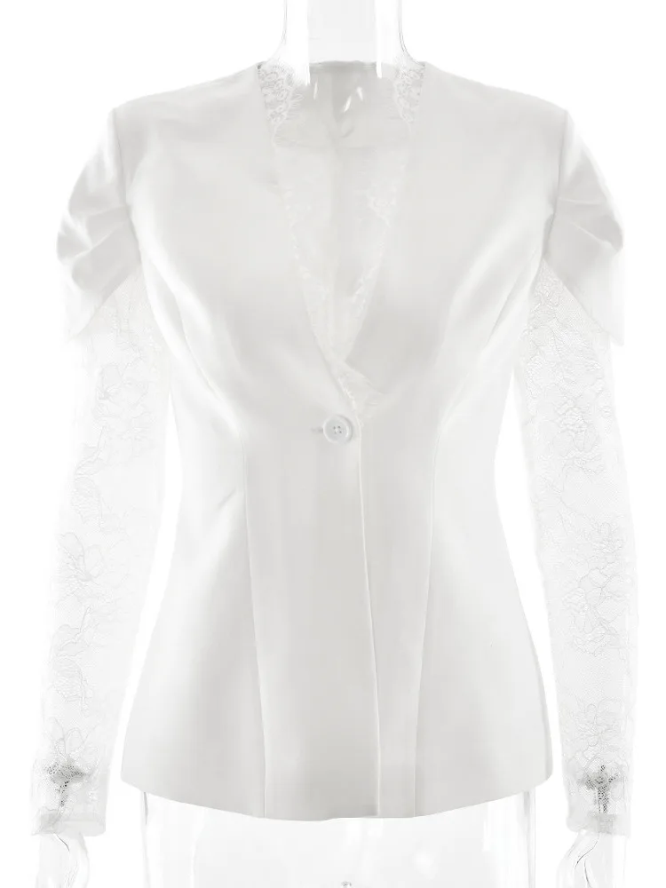 Mozision-Chaqueta Blazer Sexy de retazos de encaje para mujer, elegante, con escote en V profundo, transparente, manga larga, un botón, abrigos para discoteca