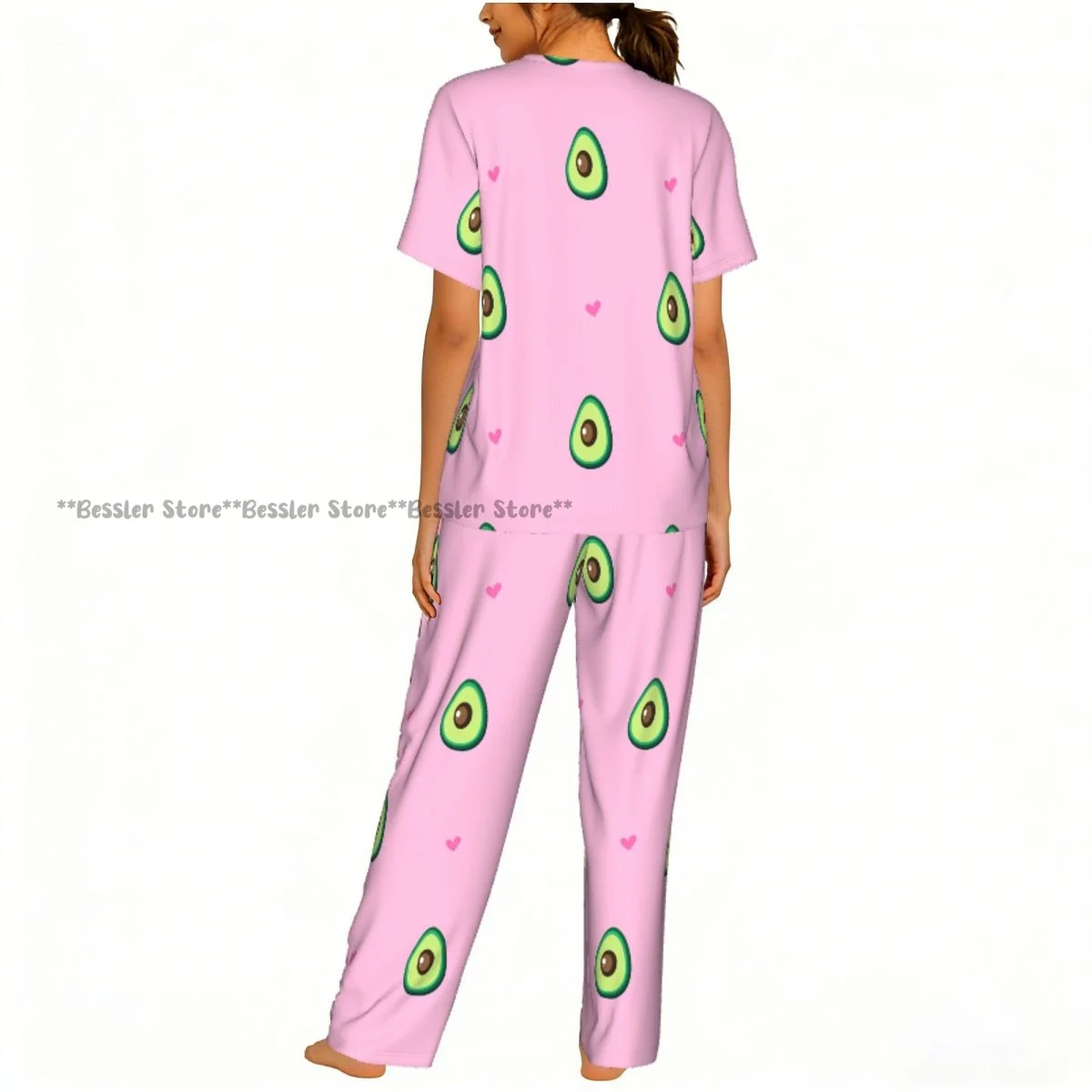 Women Pajama Sets Lounge Sleepwear Cute Avocado And Hearts Short Sleeve Nightwear 4