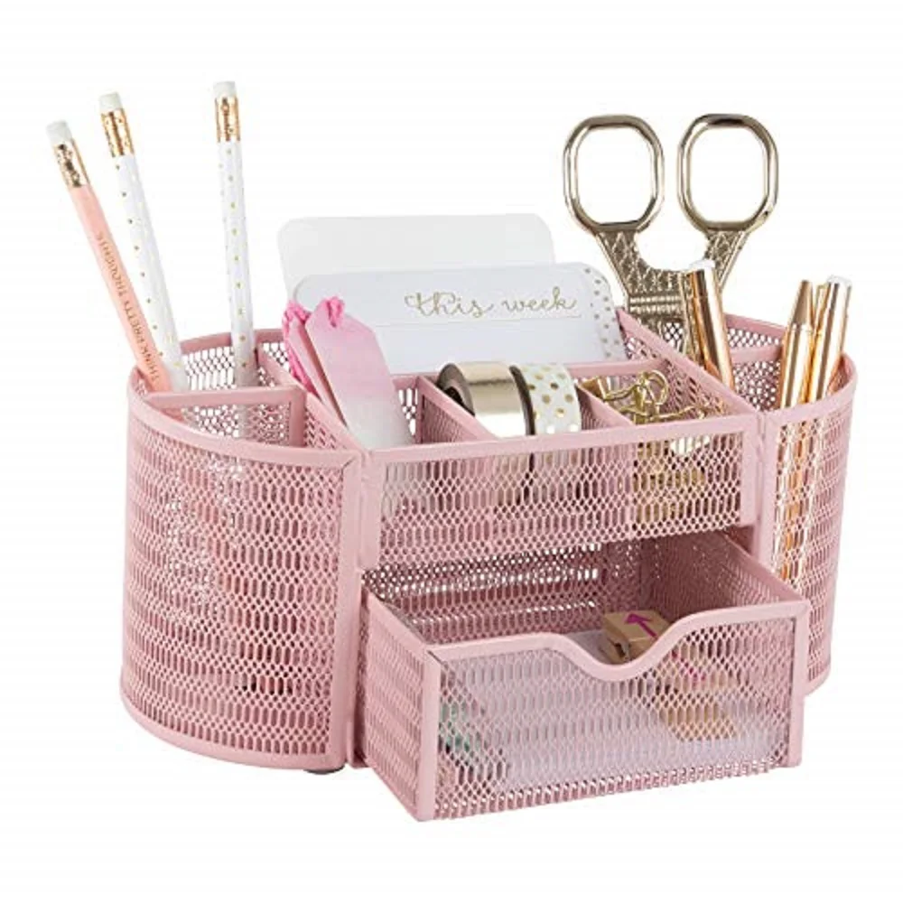 Pink Desk Organizers Metal Mesh Stationery Holder Wire Mesh Desk Organizer with Compartments Desk File Folder Organizer