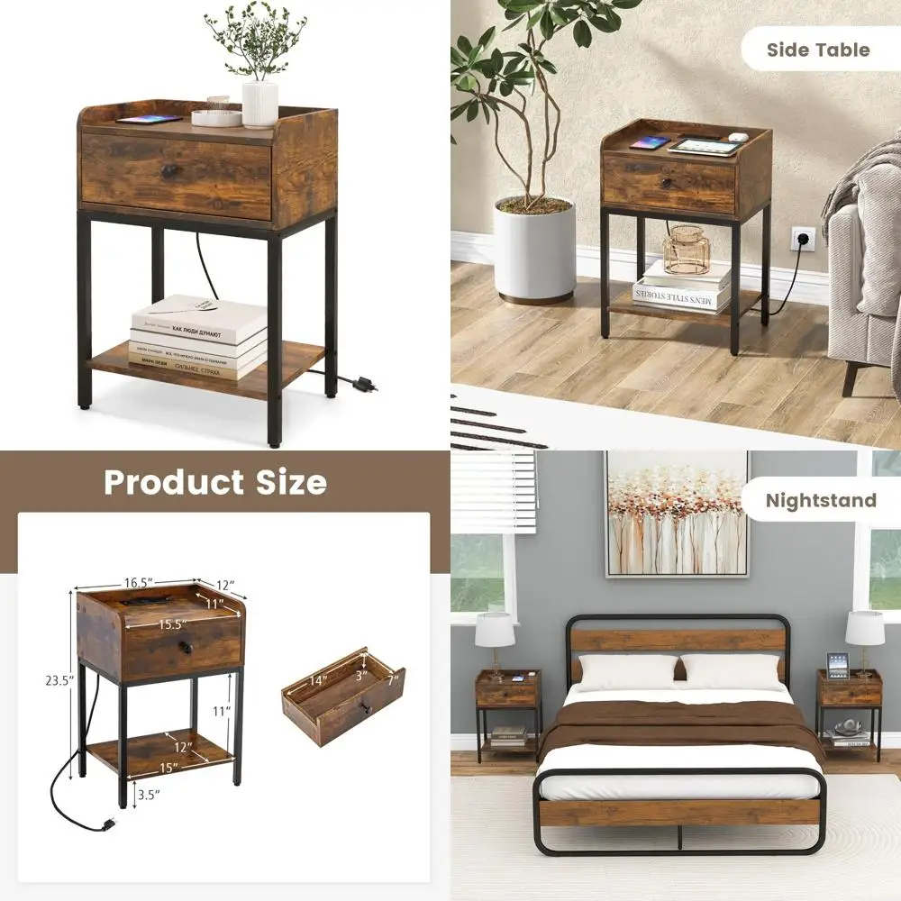 

Charging Station Nightstand with Drawer and Open Shelf, USB Ports and AC Outlets, Slim Side End Table for Bedrooms