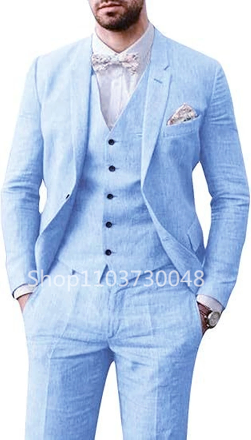 Elegant Beige/Blue Linen Men Suits Casual Single Breasted Slim Fit Blazer Vest Pants High Quality 3 Piece Summer Wedding Suits