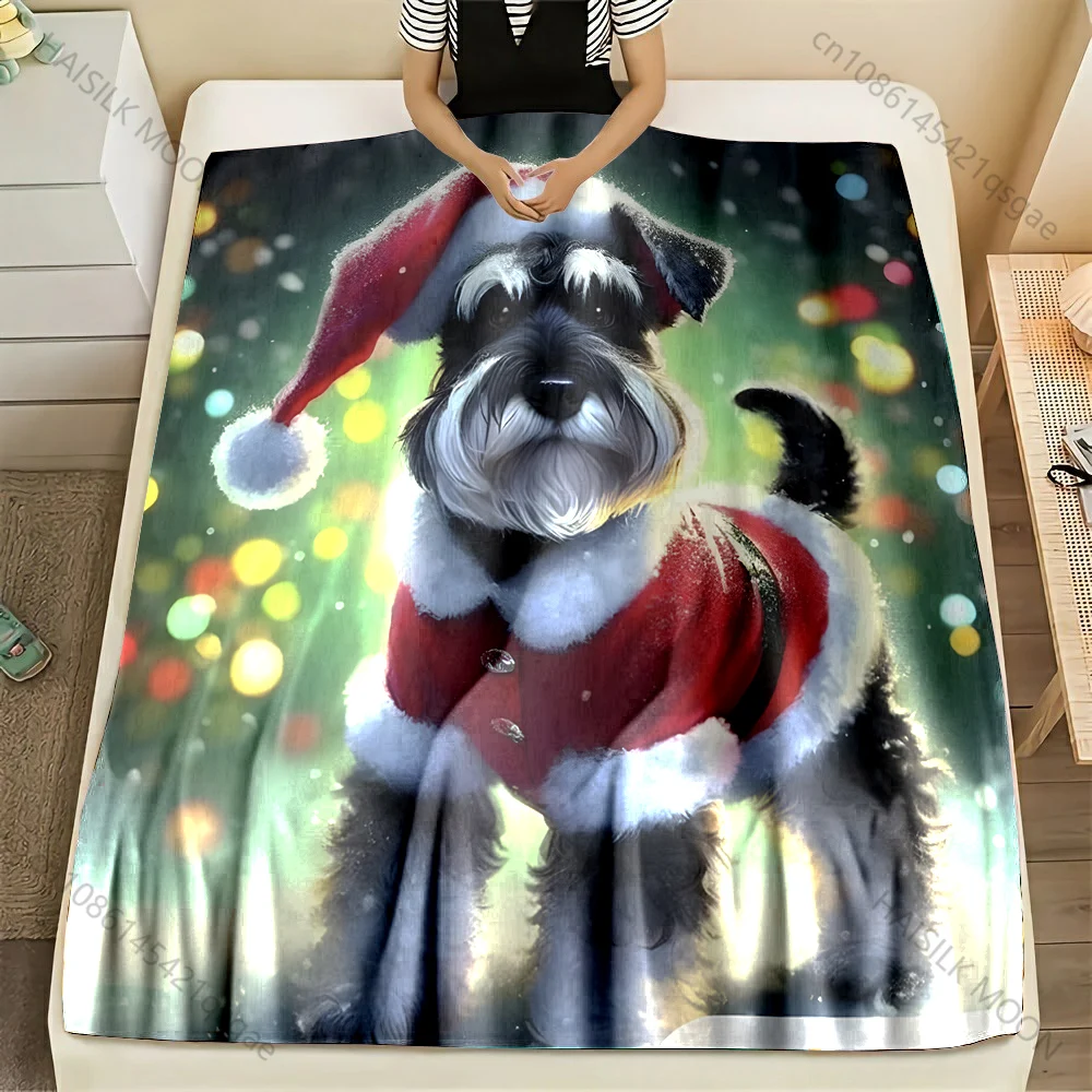 Schnauzer wearing Santa hat pattern Blanket Flannel Material Soft Warm for All Seasons,For Home Outdoor Camping Picnics RV