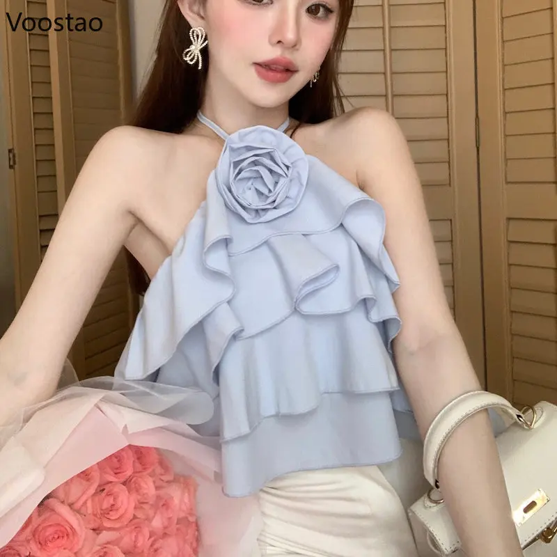 ฤดูร้อนผู้หญิง Sweet Halter คอเสื้อ Elegant Off Shoulder Ruffles Crop Tops หญิงแฟชั่น Beach เสื้อผ้าสไตล์เซ็กซี่