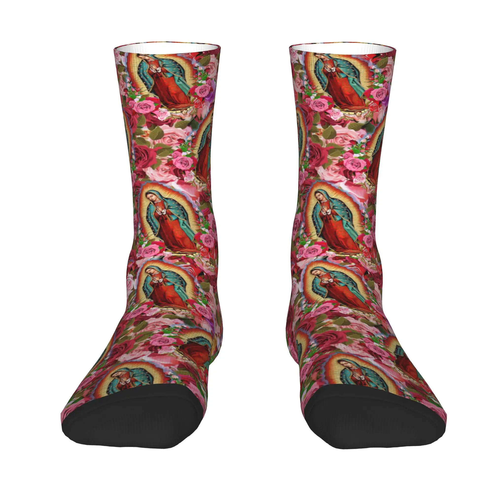 Custom Novelty Printing Guadalupe Virgin Mary With Flowers Socks for Men Women Stretch Summer Autumn Winter  Crew Socks