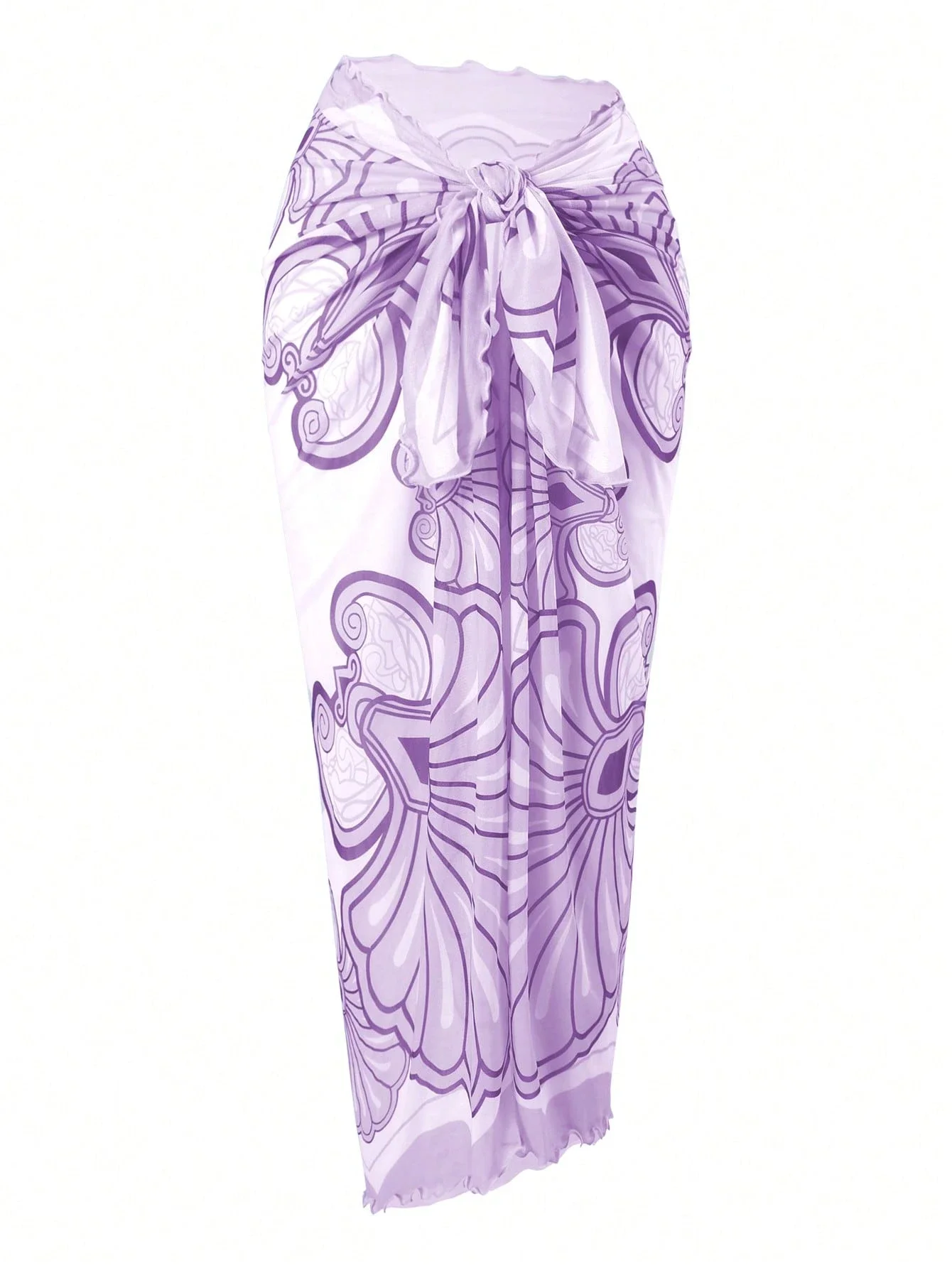 

Lavender One-Piece Bathing Suit Featuring Starfish Motif, Cut-Out Detail, Ruched Waist, And Attached Tie-Front Maxi Skirt