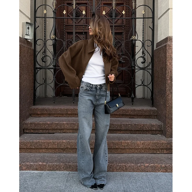 Autumn and winter fashion lapel long-sleeved zipper woolen coat 2024 European and American loose casual jacket