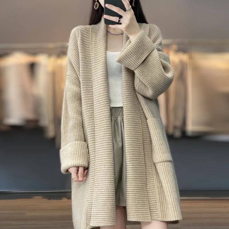 Lazy Style Knitted Cardigan with Loose Design for Women Featuring a Collared Solid Color Sweater Jacket and Coat