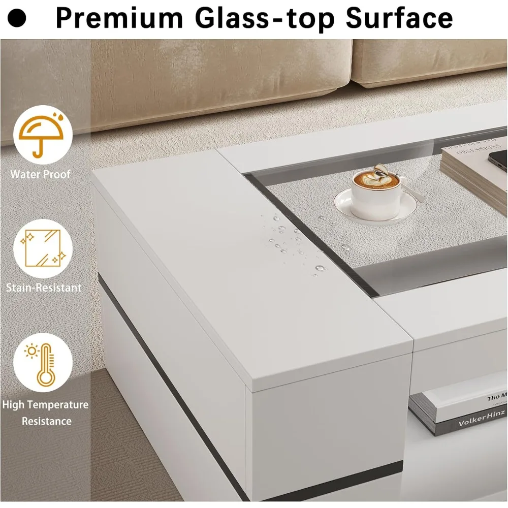 47.2 Modern Stylish Coffee Table with Glass Table Top, Large Living Room Table Rectangular 2-Tier Center Tables with Storage