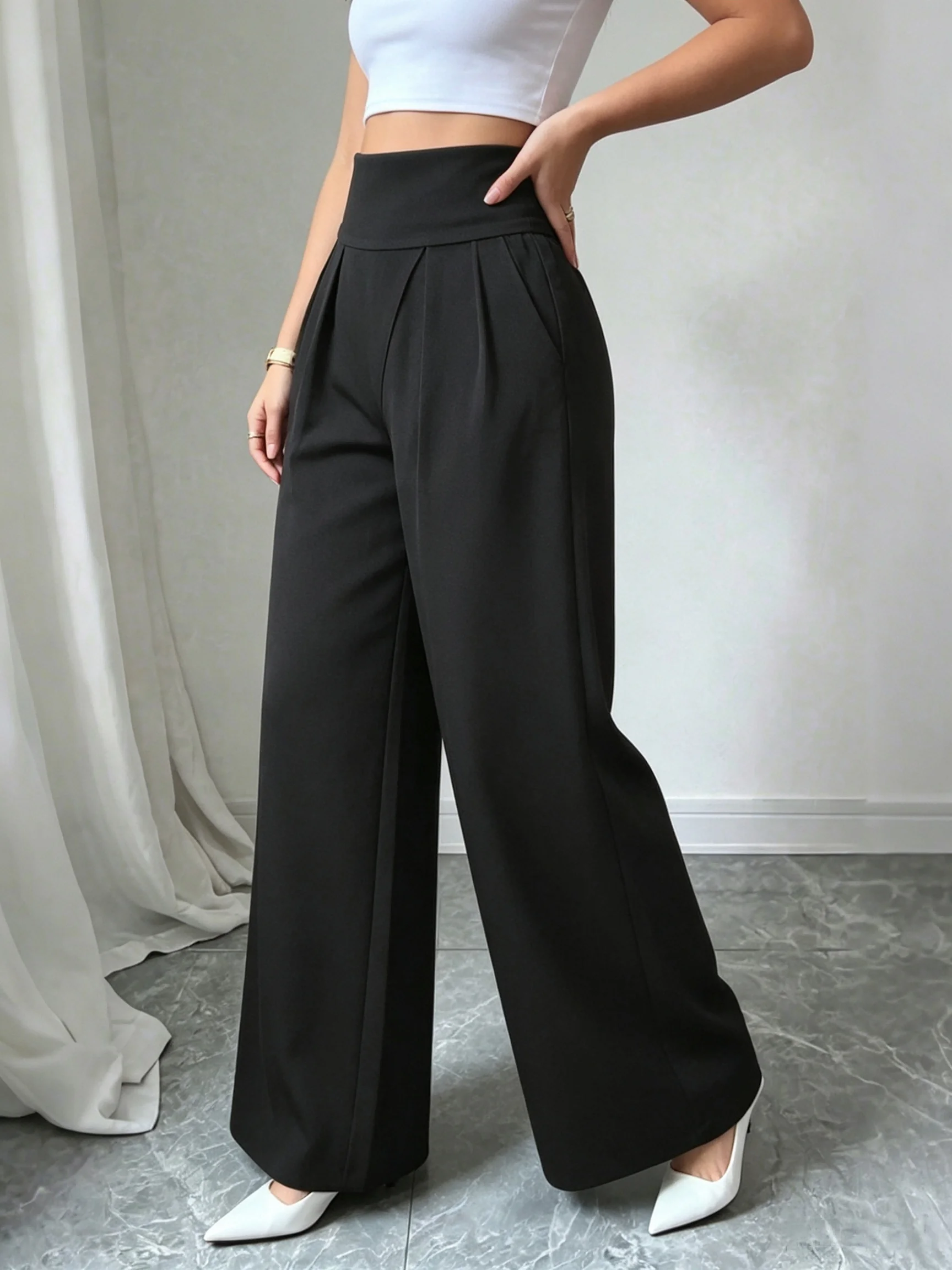 Damenhose mit hoher Taille und weitem Bein, formelle Bürokleidung, Hose in Schwarz/Grau, locker geschnitten, S-XXL, elegant für den Alltag im Frühling und Herbst. – Detail 6