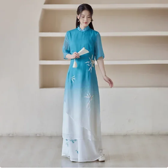 

Chinese Style Chiffon Cheongsam Dance Dress Tea Costume