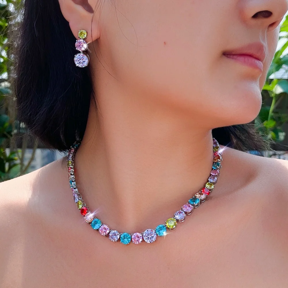 CWWZircons Luxuriöses Glänzendes Lila Rundes CZ Tennis Choker Halsketten- und Ohrring-Set für Damen Hochzeit Braut Party Schmuck Großhandel T1036 – Detail 10