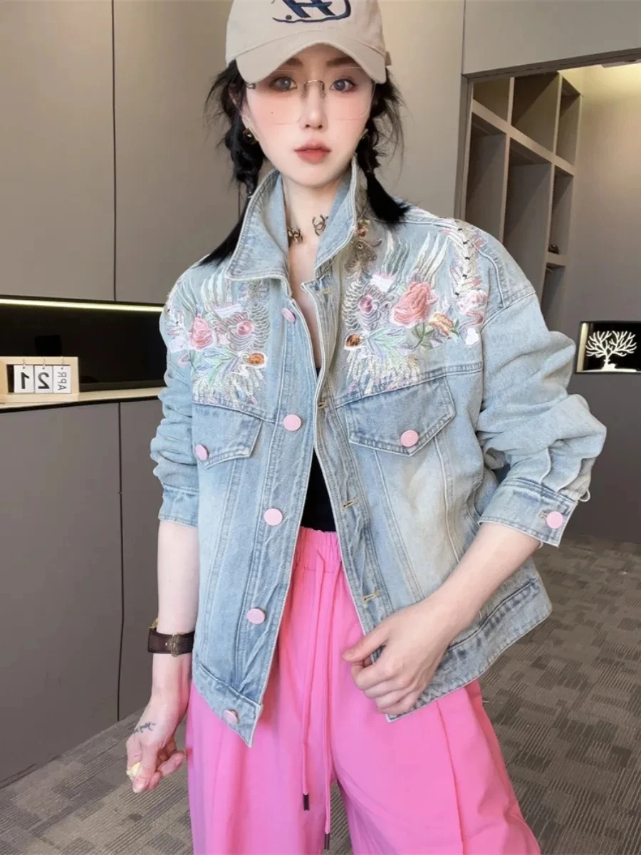 

Spring Autumn Short Denim Jacket 2025 New Women's Embroidery Denim Outwear Chinese Style Women Denim Coat Women Loose Jeans Coat