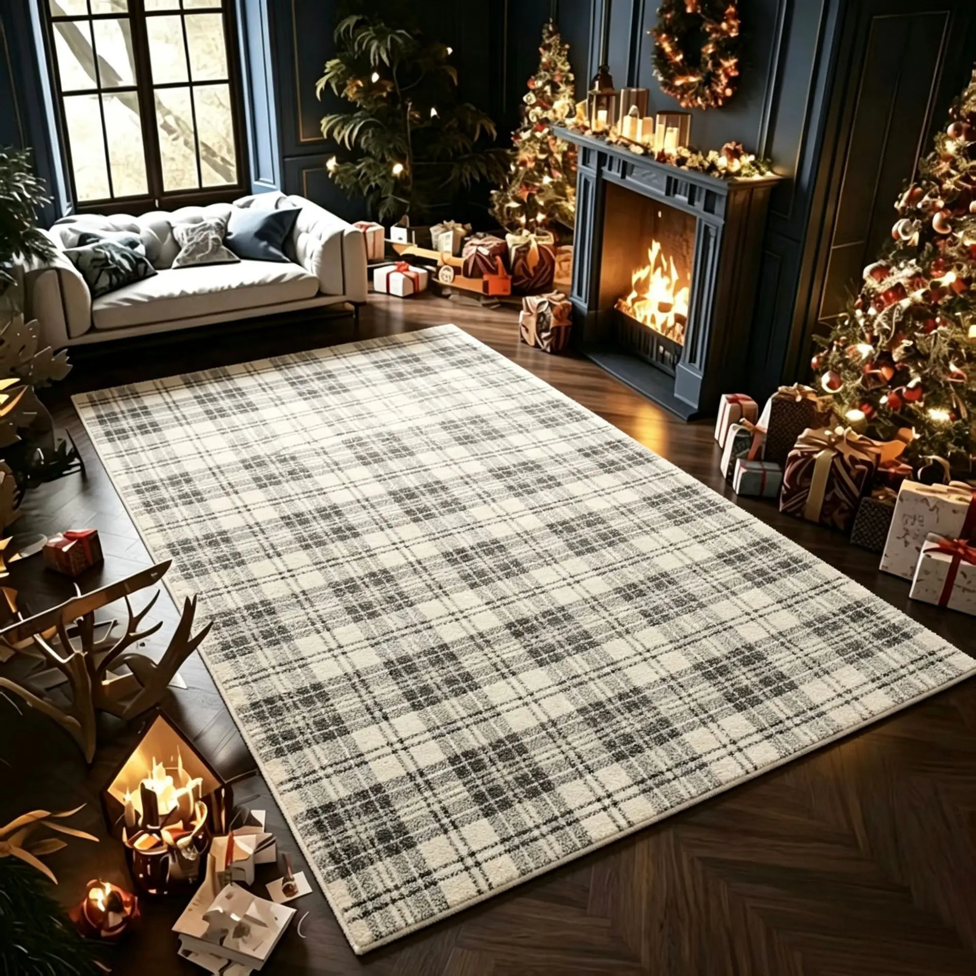 VIKAMA Buffalo Plaid Area Rug Cream Check Soft Crystal Velvet Carpet Farmhouse Living Room Bedroom Xmas Decor Rug 80x160 cm