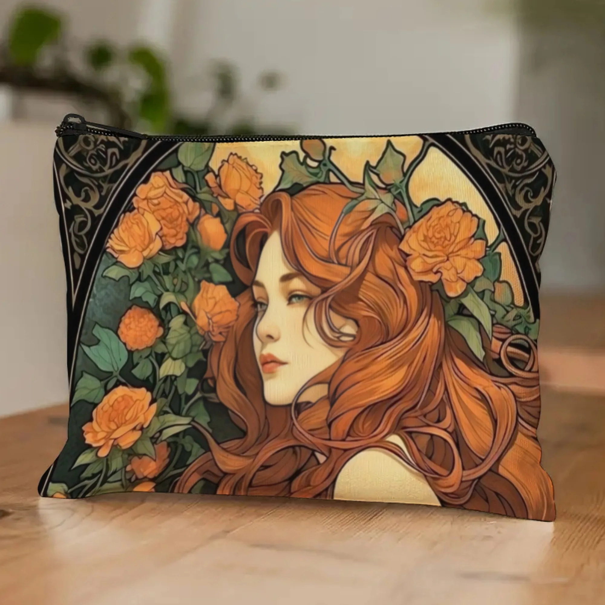Art Zipper Pouch Cosmetic Pouch Storage Bag Mucha Inspired Illustration Long Red Hair Woman & Orange Flowers Trip or Daily Use