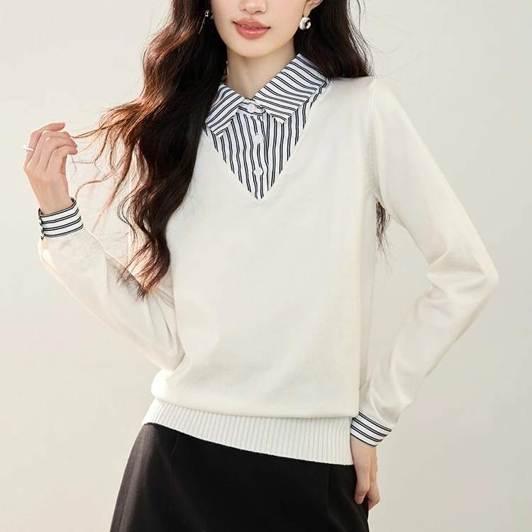 

autumn full sleeve sweaters women strip patchwork knit tops lady white sweater