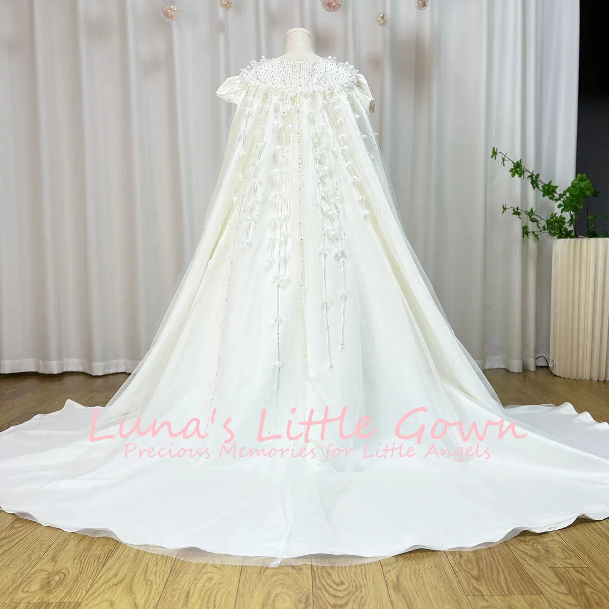 

Ivory White Satin High Neck Puff Sleeve Beaded Cape Flower Girl Dress Floor Length Kids Wedding Gown Customized
