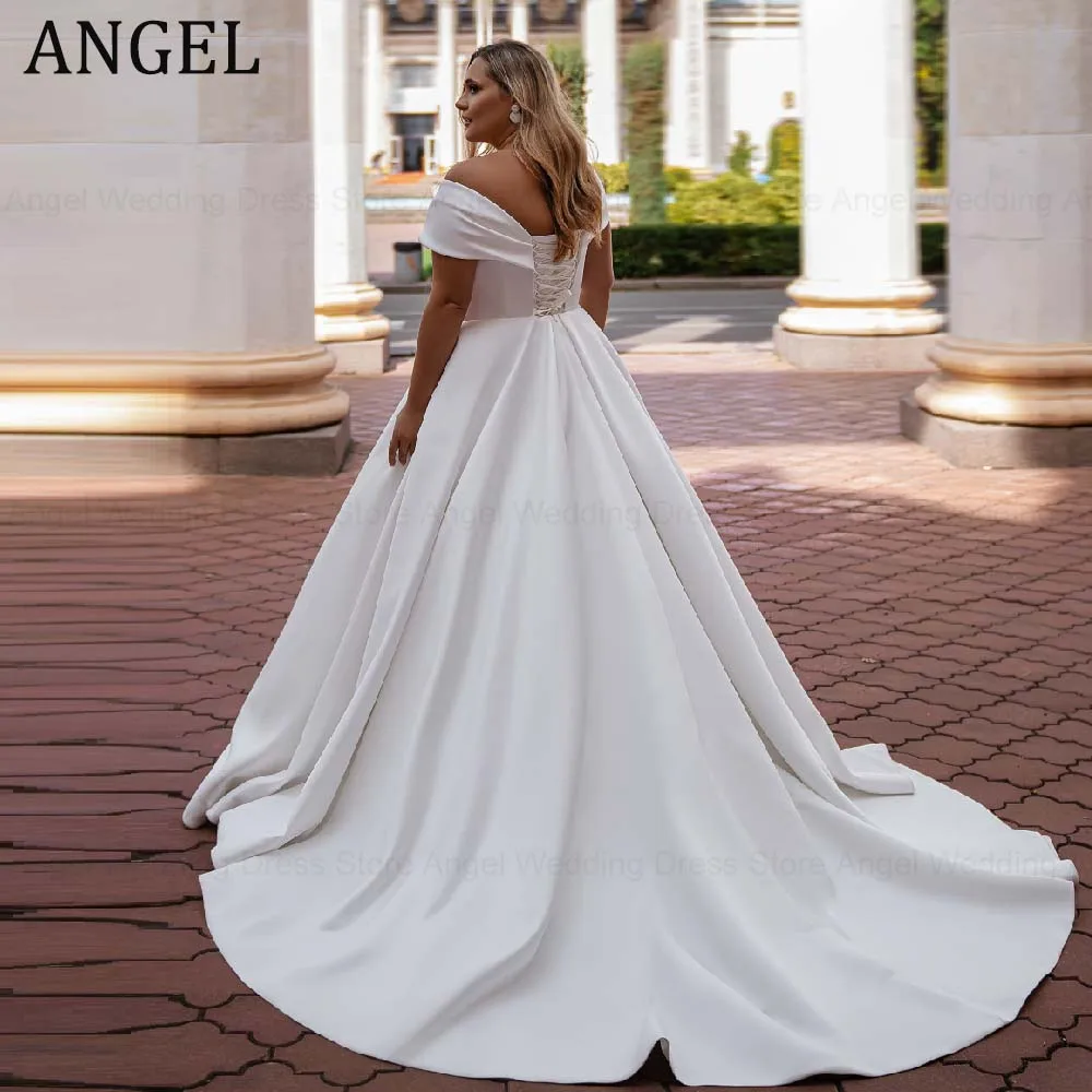 

ANGEL атласные свадебные платья больших размеров с открытыми плечами по индивидуальному заказу для невесты, плиссированные свадебные платья трапециевидной формы на шнуровке, Vestidos de Novia