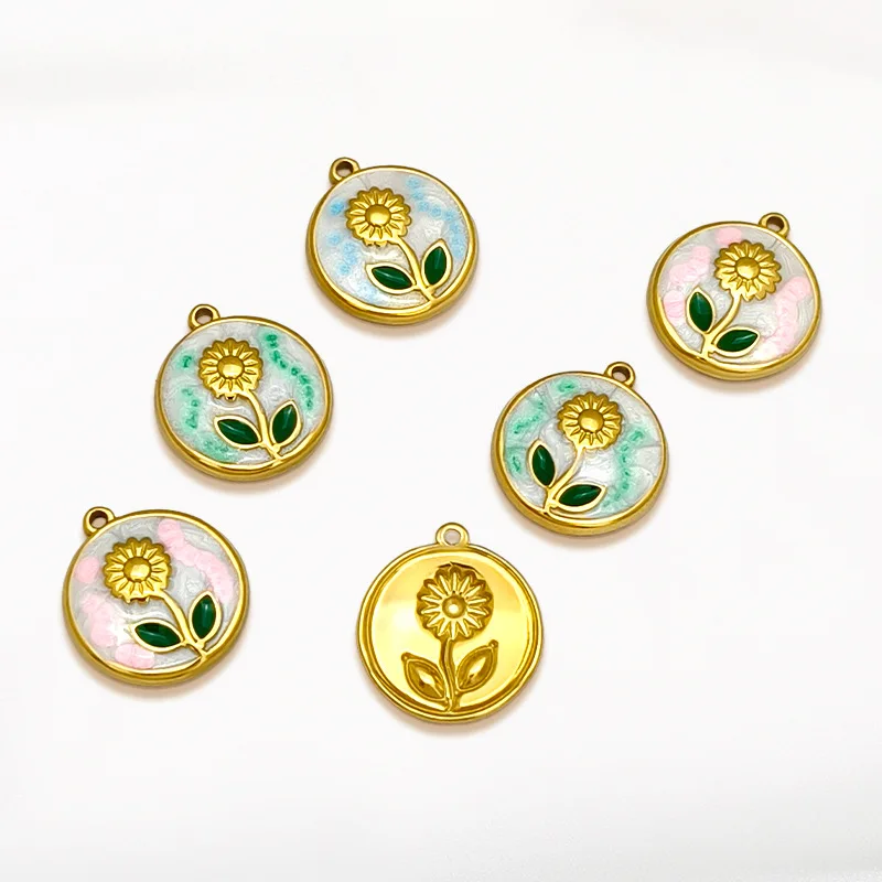

3Pcs Stainless Steel Vintage Oil Painting Style Drip Oil Round Base Flower Pendant Necklace Vacuum Plating DIY Accessories
