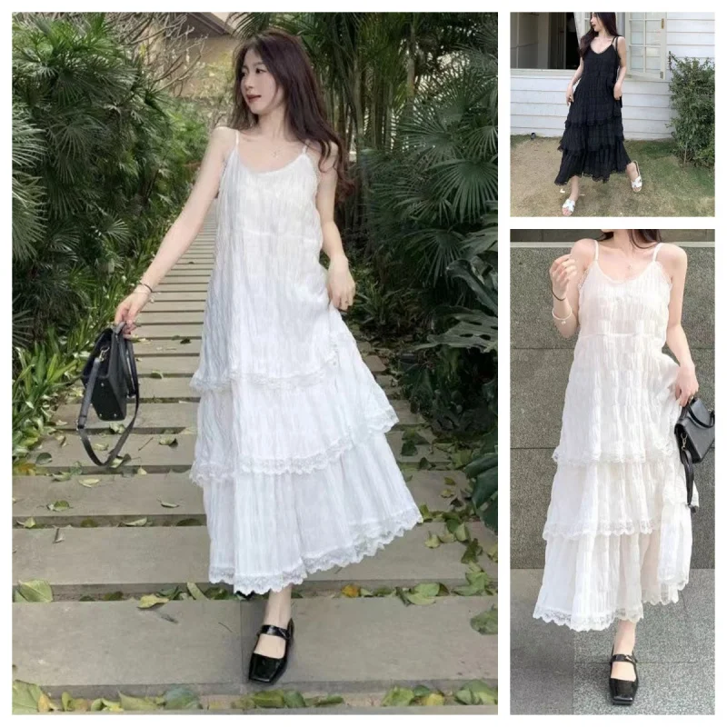 Damska letnia sukienka maxi - Befree Vintage Silk Camis z falbankami, elegancka koronkowa sukienka plażowa Vestidos dla seksownego wyglądu