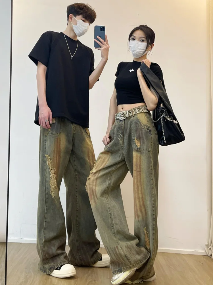 Jean bleu taille haute pour femme, pantalon droit Vintage Y2K, en Denim, déchiré, Streetwear américain, jambes larges, Baggy, été