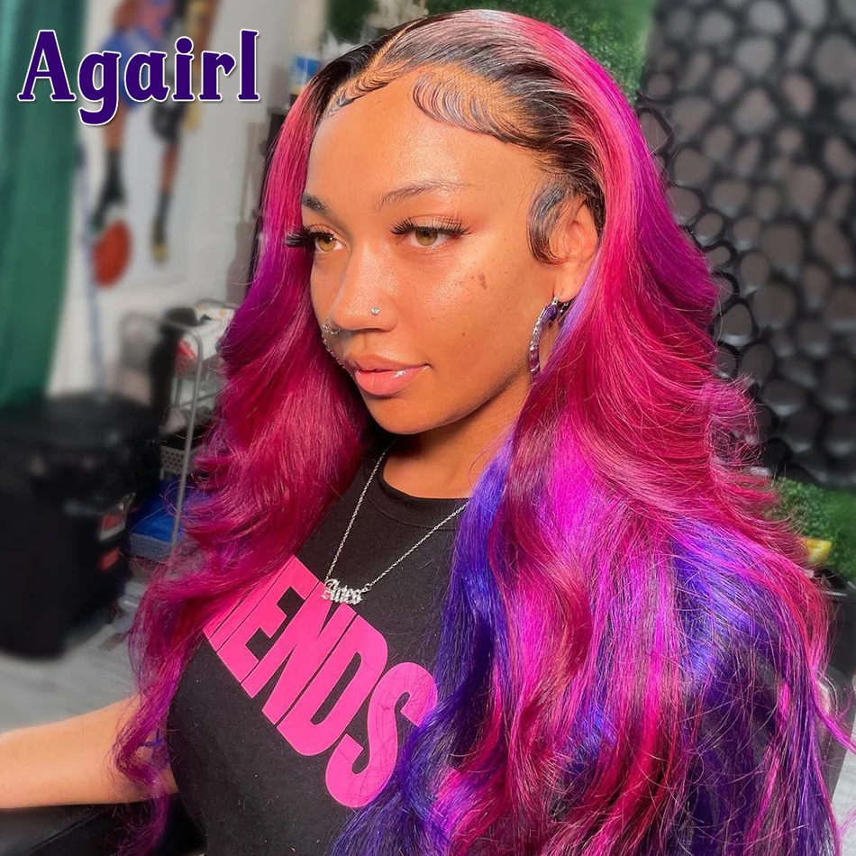 13x4 13X6 Full Lace Frontal Wig Rose Pink with Blue Highlight Body Wave Lace Front Human Hair Wigs for Women 5X5 Closure Wigs
