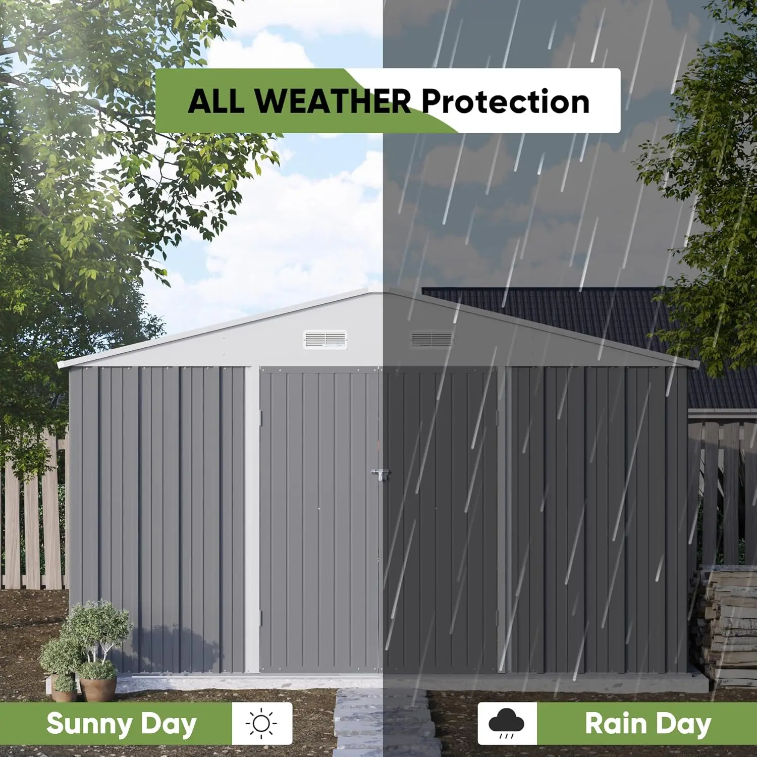 10 'x 10' โลหะ Storage Shed สําหรับกลางแจ้งเหล็ก YARD Shed ด้วยการออกแบบล็อคประตูยูทิลิตี้และเครื่องมือสีเทา