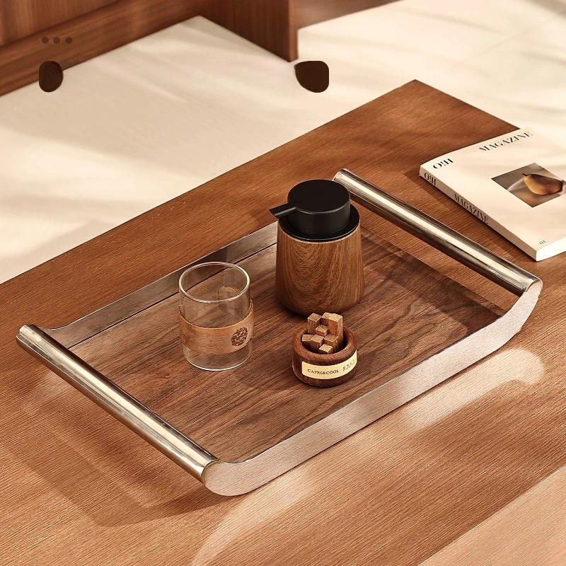 Walnut Wood Tray, Stainless Steel Rectangular Aromatherapy Display Board, Desktop Decoration, Home Storage Tea Tray, Pastry Tray
