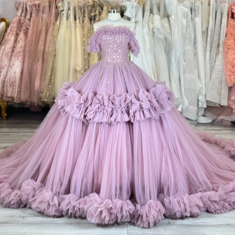 

Светло-сиреневое блестящее бальное платье Quinceanera Платья с открытыми плечами и бисером Кристалл Многоуровневое тюлевое платье для вечеринки на день рождения Sweet 16