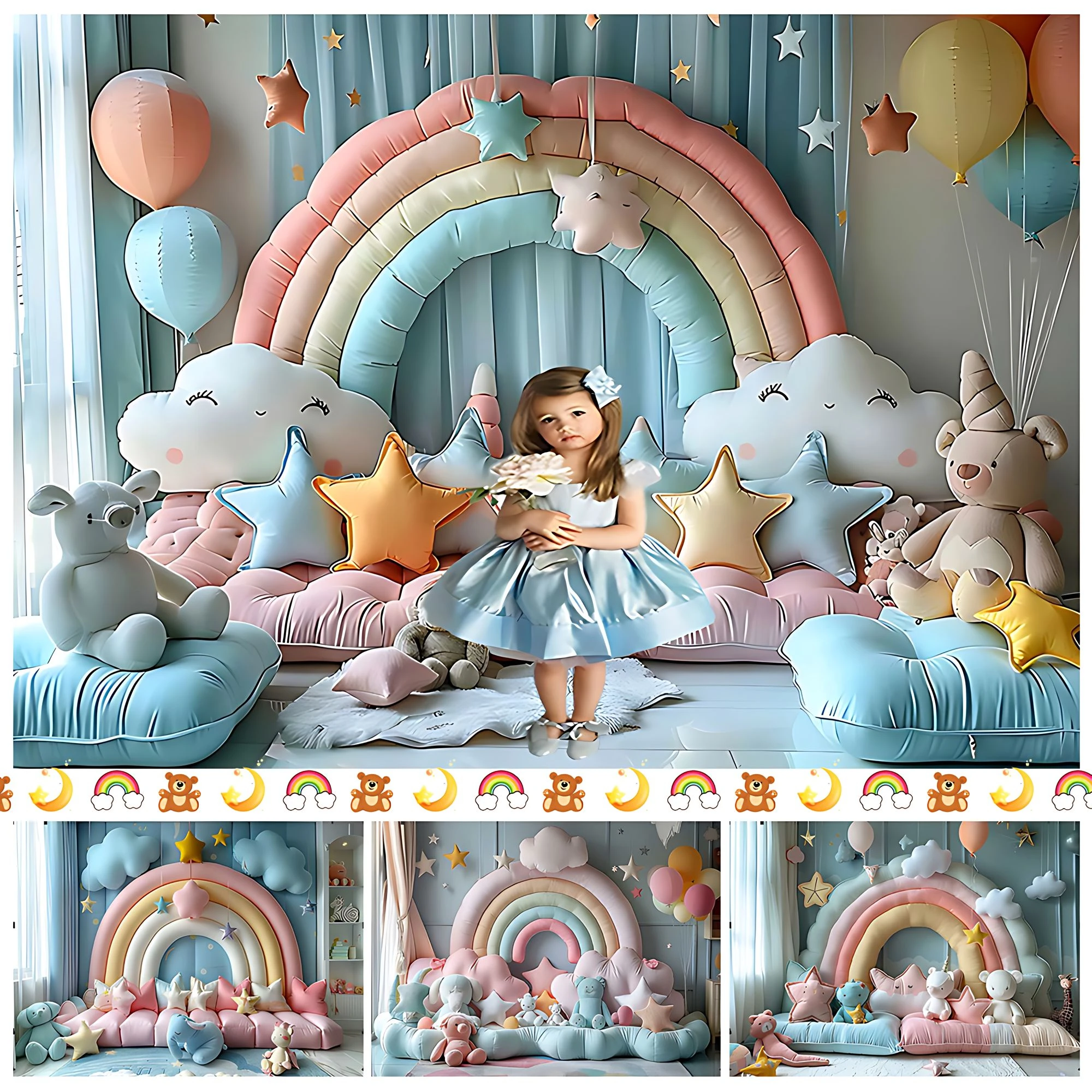 

3D Rainbow Wall Photography Background Blue Cloud Star Balloons Baby Girls Birthday Indoor Photo Shoot Decor Props Photo Studio