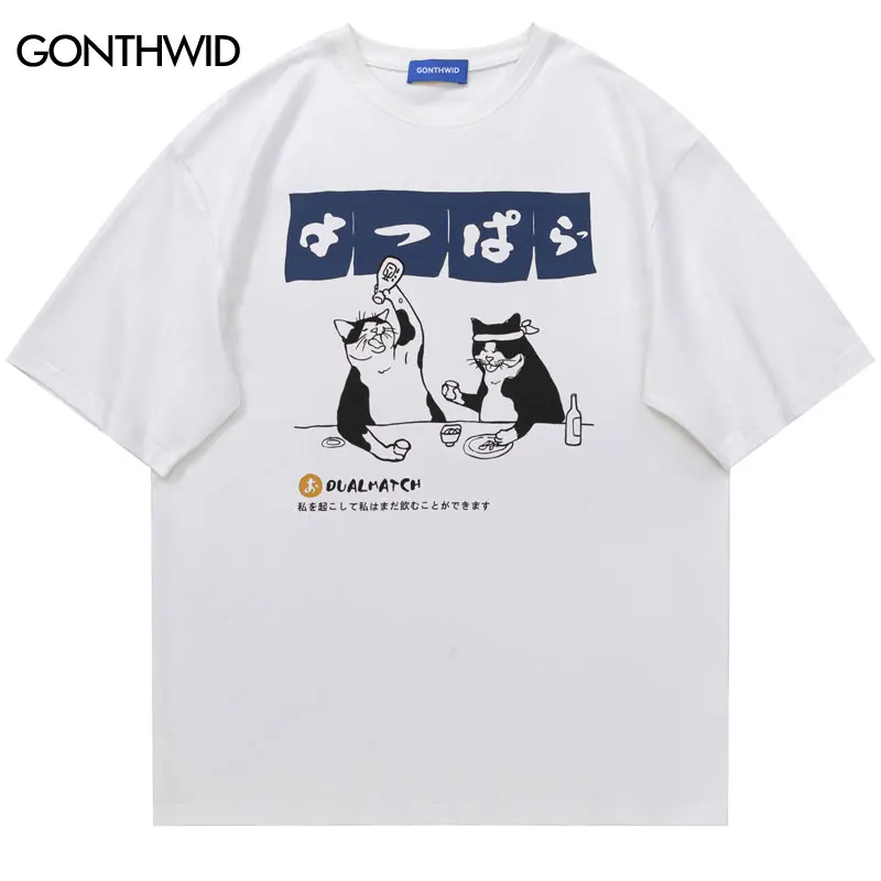 Harajuku mężczyźni Tshirt japoński kot wydruk graficzny T-Shirt 2023 moda lato Hip Hop Casual bawełniane luźne koszulki topy para