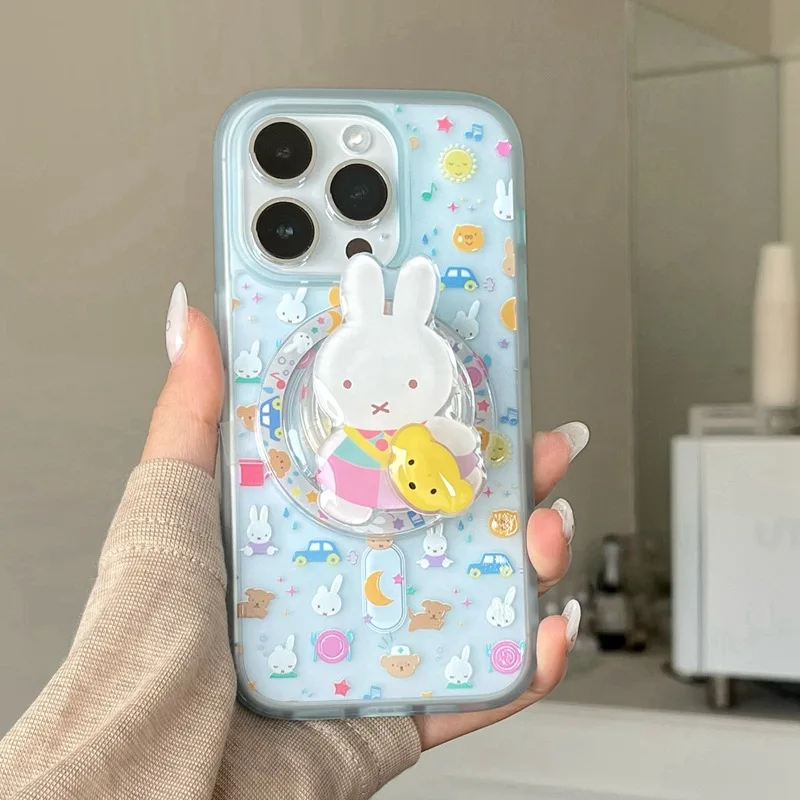 Custodia per telefono Miffy con supporto Kawaii Miffy Rabbit adatta per Iphone 15 Custodia per cellulare Cartoon Rabbit Staffa magnetica per rotazione