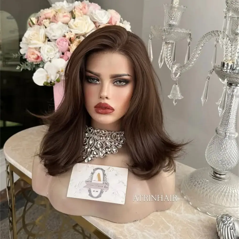 Highlight Brown Lace Front Wig for Women Glueless Preplucked Free Part Wig Heat Resistant Synthetic Short Wavy Wig for Daily Use