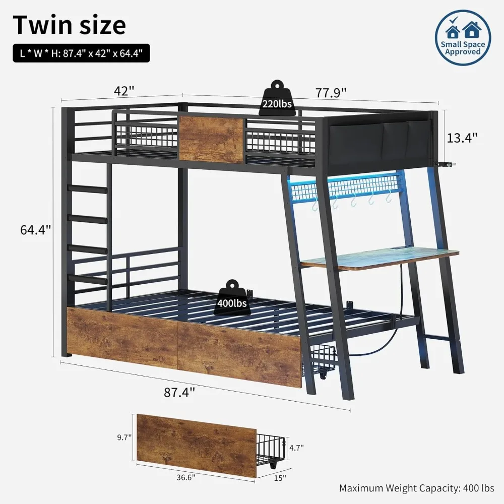 Bunk Bed for Small Space, Bunk Beds Twin Over Twin with Desk, Power Outlets, RGB LED Lights, Storage Drawers, Metal Beds with Sa