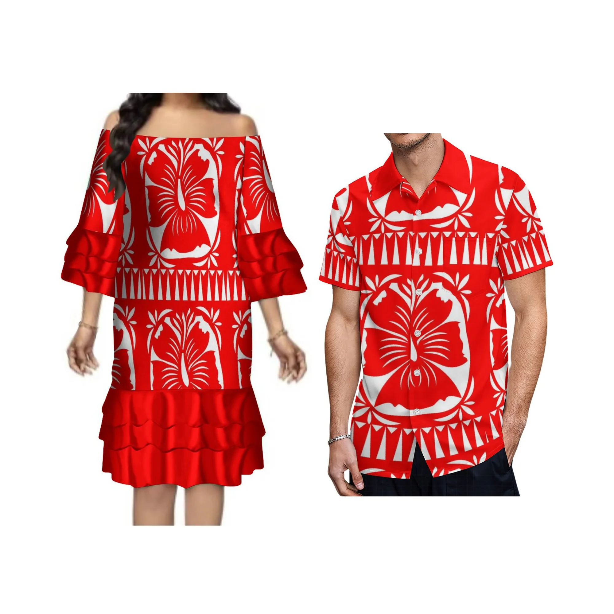 Drop Shipping Large Size Three Quarter Sleeves Layered Ruffle Tiered Mini Dresses Custom  Polynesian Tribal Dress 8XL