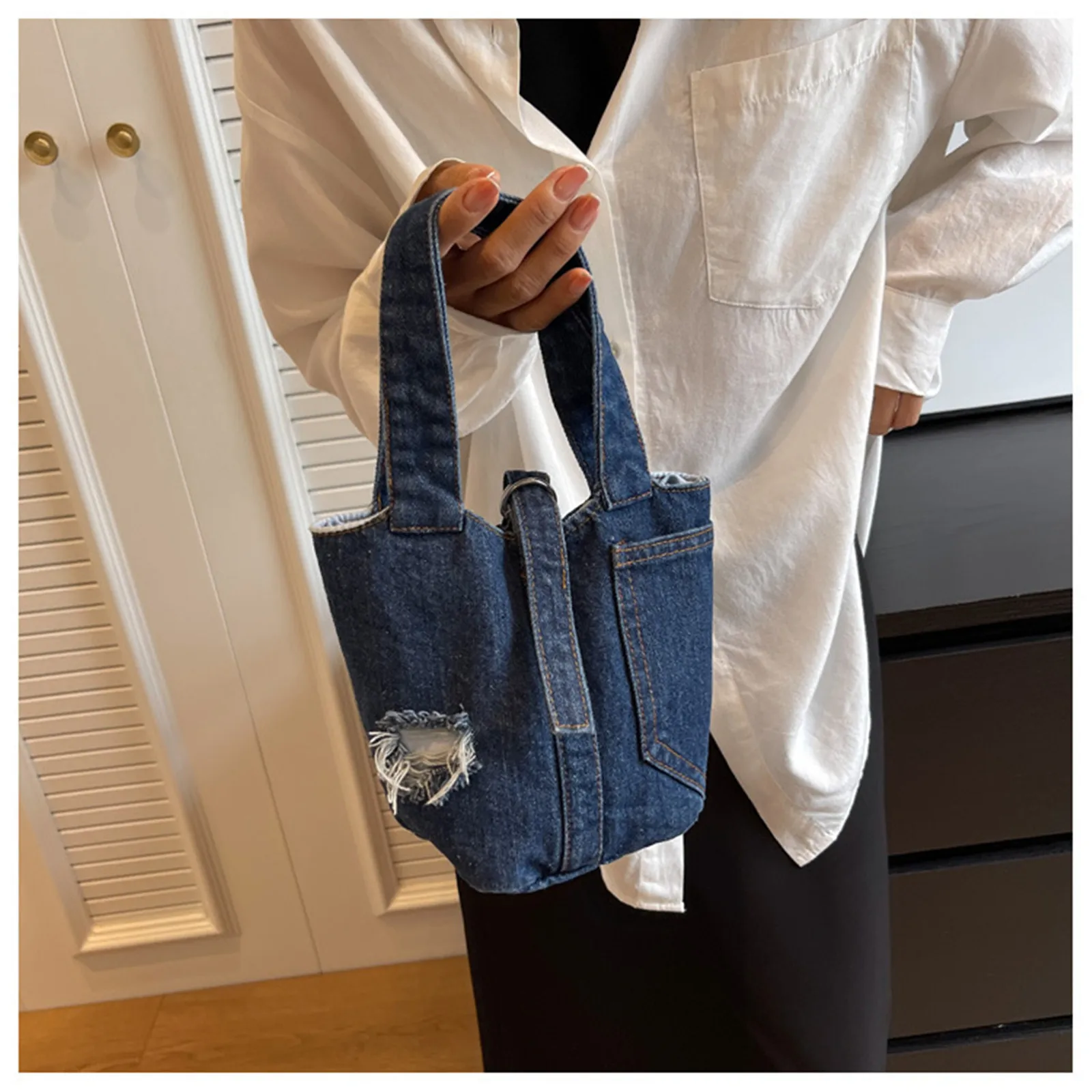 Denim Handbag Fashionable Shoulder Bag Simple Solid Color Casual Commuter Bag Versatile Stylish Chic Bucket Bag for Shopping