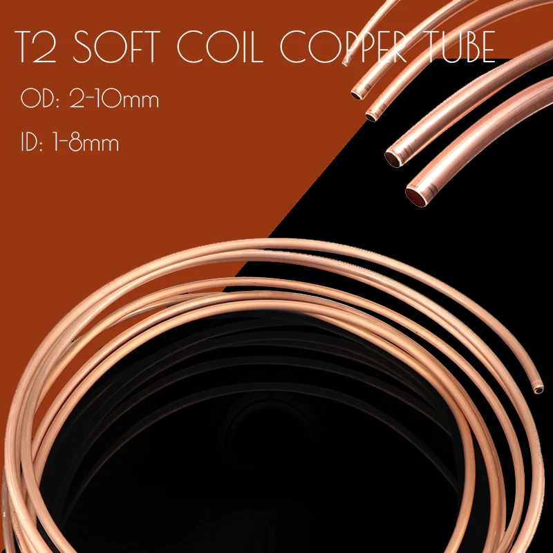 1M Soft Coil Copper Tube T2 Red Copper Tubing Airs Conditioning Refrigeration Capillary Wire Pipes OD 2/3/4/6/8/10m