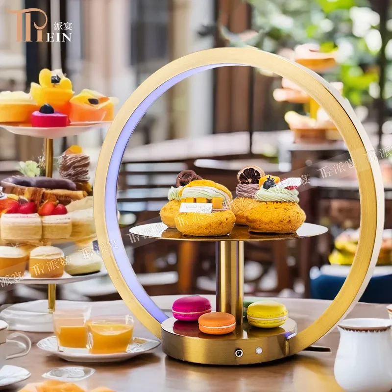 Round Luminous Stainless Steel Dessert Stand, Afternoon Tea Snack Rack, Buffet Cold Meal Banquet Cake Tray Display Stand