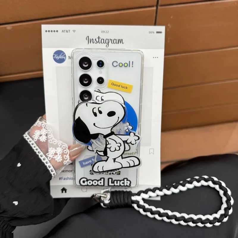 Funda de teléfono de TPU transparente suave con soporte de Snoopy de dibujos animados para Samsung S22 S23 S24 S25 Ultra S30 Plus Note10 20