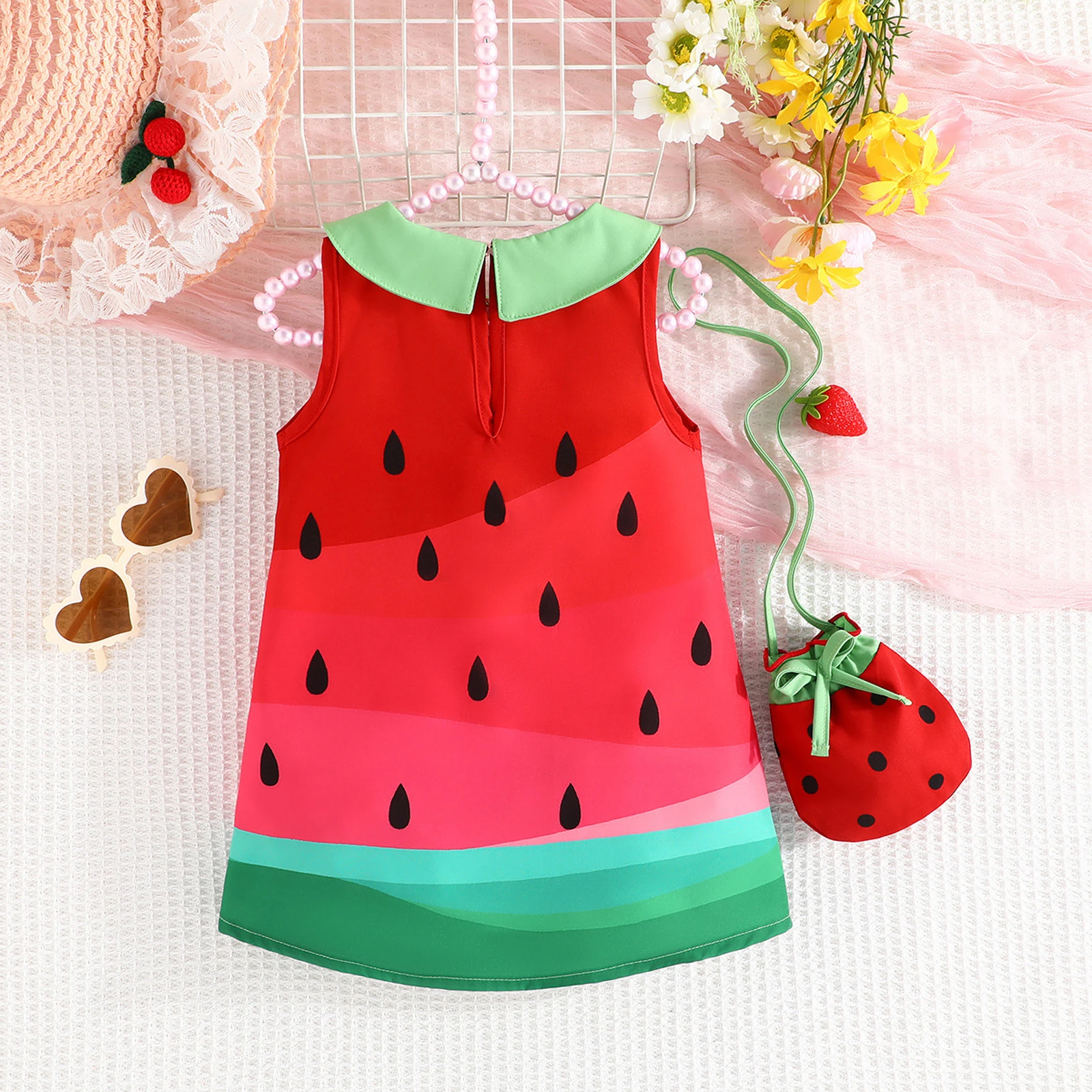 0-3Y Baby Girls Dress Watermelon Print Doll Collar Sleeveless Casual Dress Summer Fashion Girls Princess Dress with Bag Costume